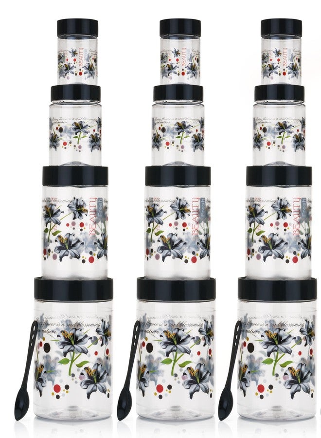 Qshare Flower Printed Storage Containers - Plastic Storage Organiser Jar Set for Kitchen with Airtight Lid Spoon, 1200ml, 650ml, 350ml & 250ml Dabba for Snacks, Grains Dry Fruits (Black, Set Of 12pc) - Image 1